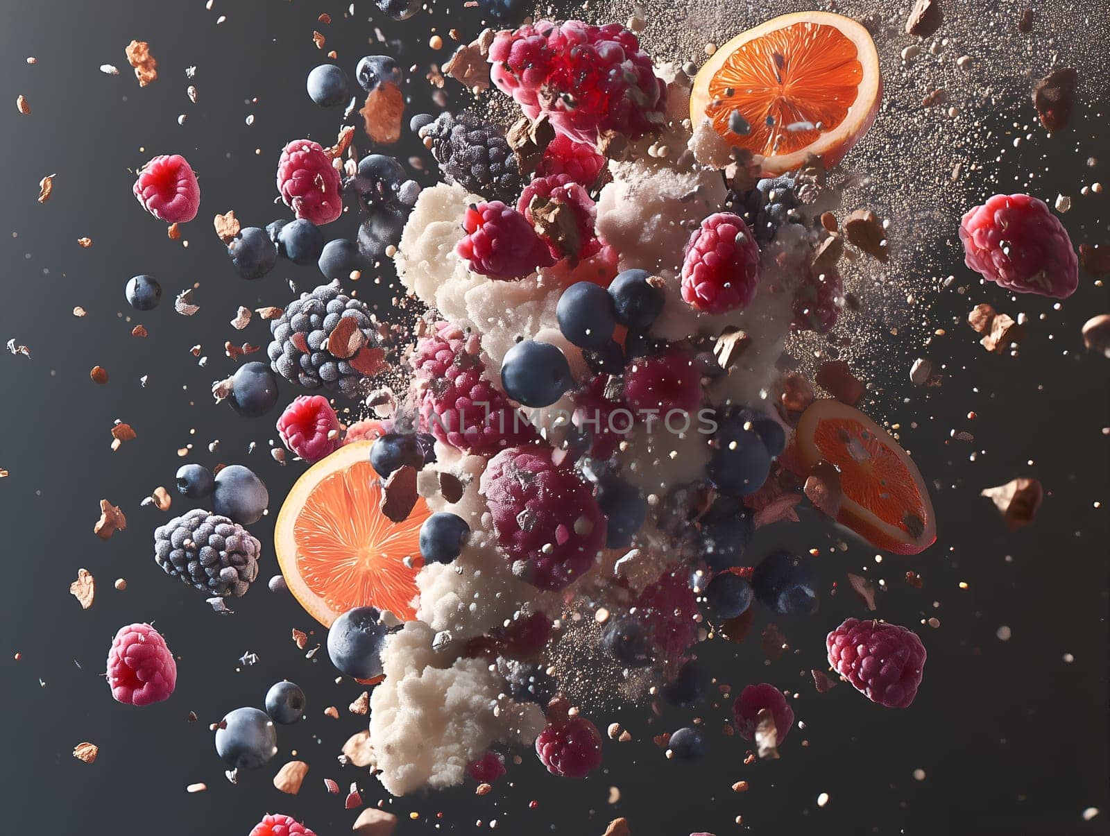 Vibrant image of berries, orange slices, and granola fragments exploding mid-air against a dark background. Creative and dynamic food composition featuring raspberries, blueberries, and blackberries.