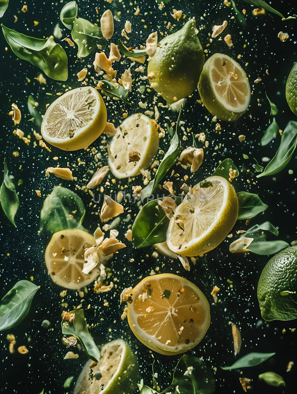 Vibrant image of fresh lemons and limes, whole and sliced, floating mid-air with green leaves against a dark background. A refreshing, dynamic, and creative food concept highlighting citrus freshness.