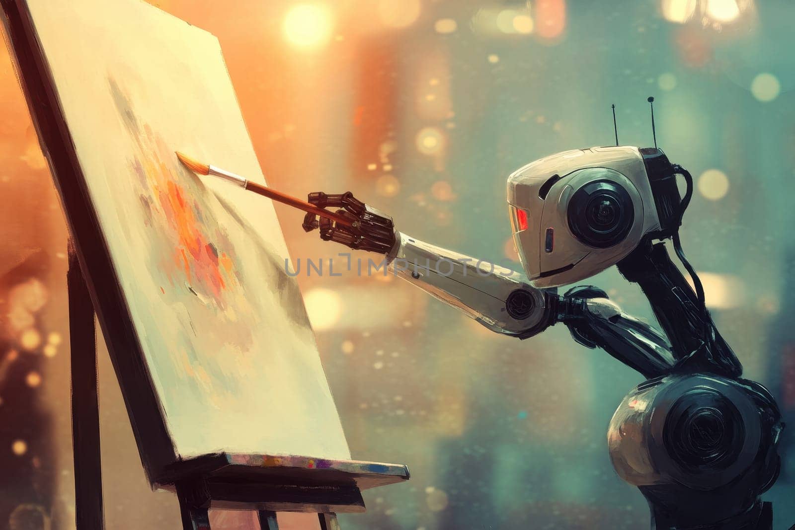 A futuristic robot artist skillfully paints a vibrant abstract piece on canvas, showcasing the fusion of technology and creativity in a modern urban setting.