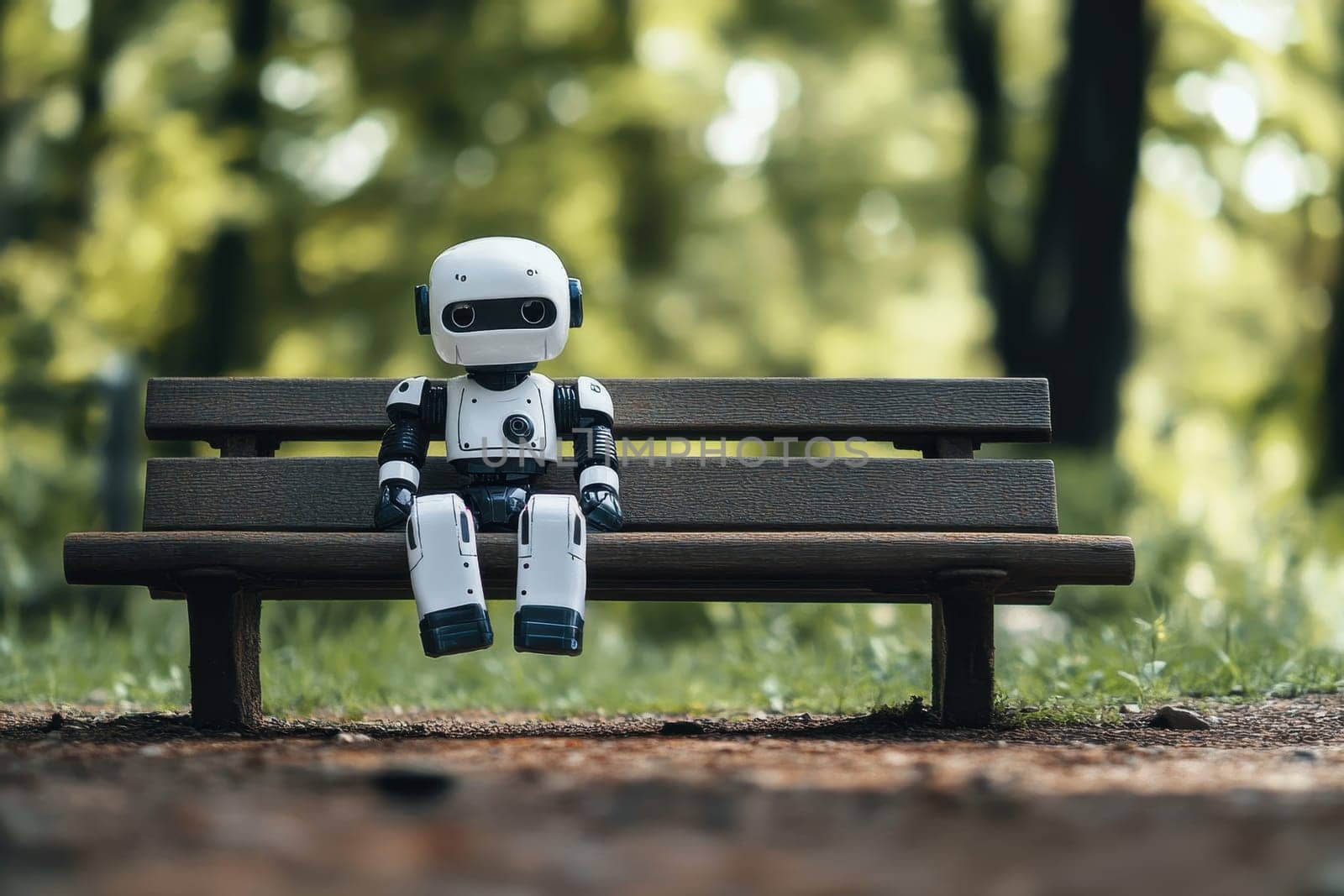 A charming robot doll sits quietly on a park bench, surrounded by lush greenery and trees, evoking feelings of solitude and whimsy.