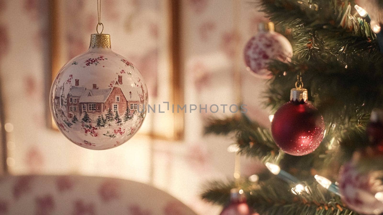 Christmas, holiday decor and country cottage style, cosy atmosphere, decorated Christmas tree in the English countryside house living room with fireplace, interior decoration idea