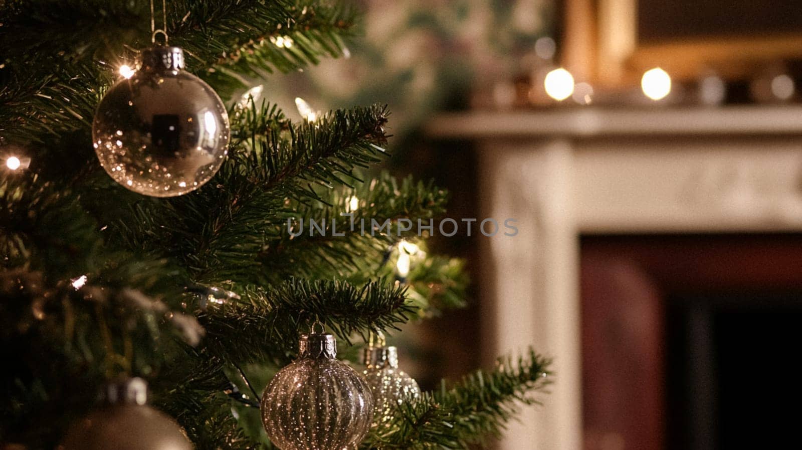 Christmas, holiday decor and country cottage style, cosy atmosphere, decorated Christmas tree in the English countryside house living room with fireplace, interior decoration idea