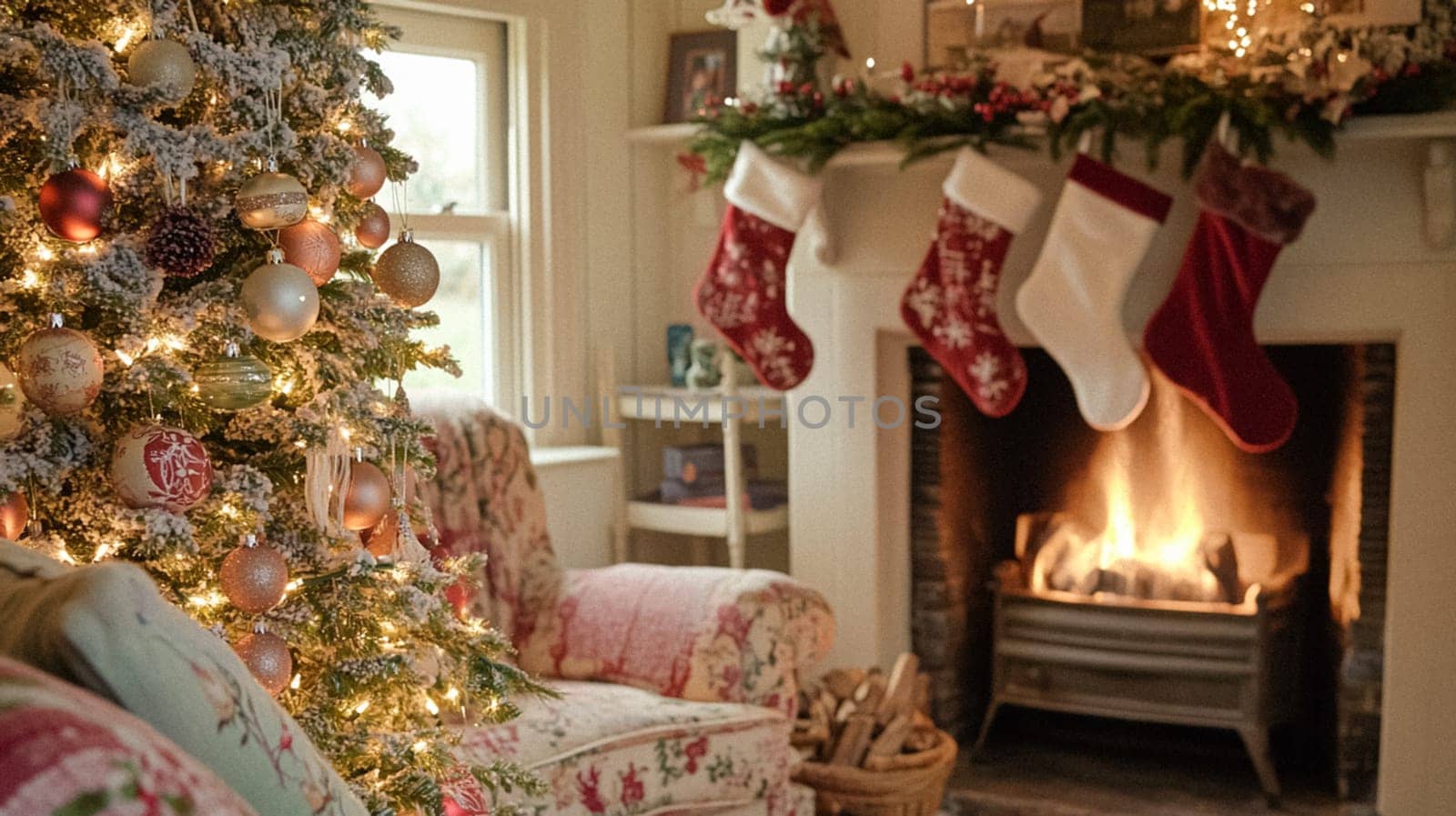 Christmas, holiday decor and country cottage style, cosy atmosphere, decorated Christmas tree in the English countryside house living room with fireplace, interior decoration idea