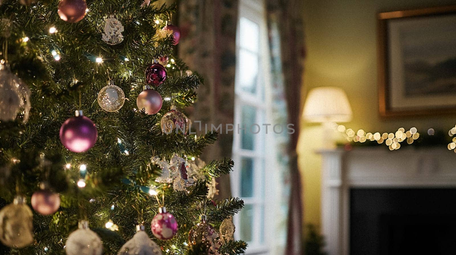 Christmas, holiday decor and country cottage style, cosy atmosphere, decorated Christmas tree in the English countryside house living room with fireplace, interior decoration idea