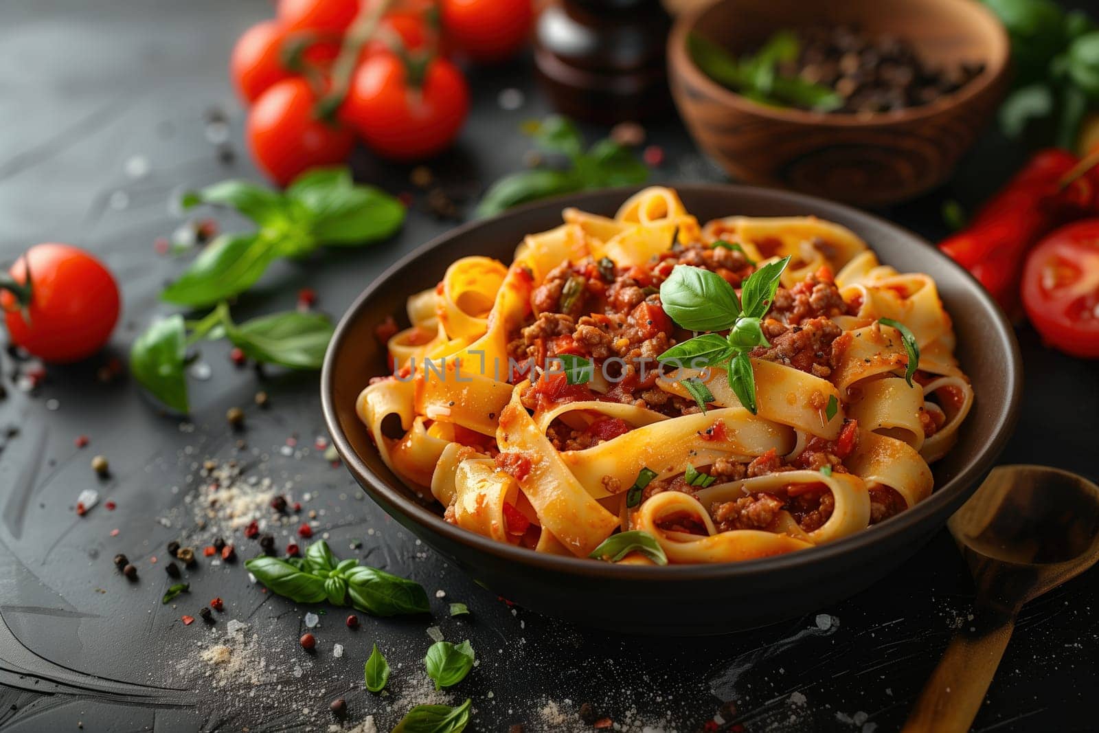A steaming bowl of tagliatelle pasta topped with hearty Bolognese sauce and a sprig of fresh basil, surrounded by tomatoes, herbs, and cooking spices on a dark, rustic surface.