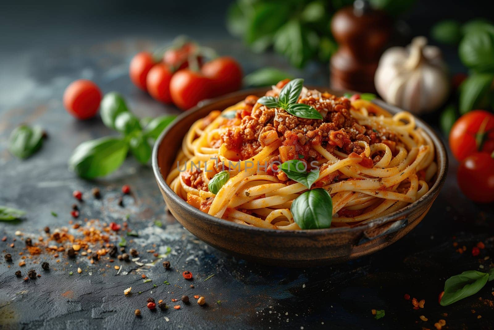 A close-up of pappardelle pasta coated in meat sauce, garnished with fresh basil, surrounded by tomatoes, parmesan, and herbs on a dark textured background.