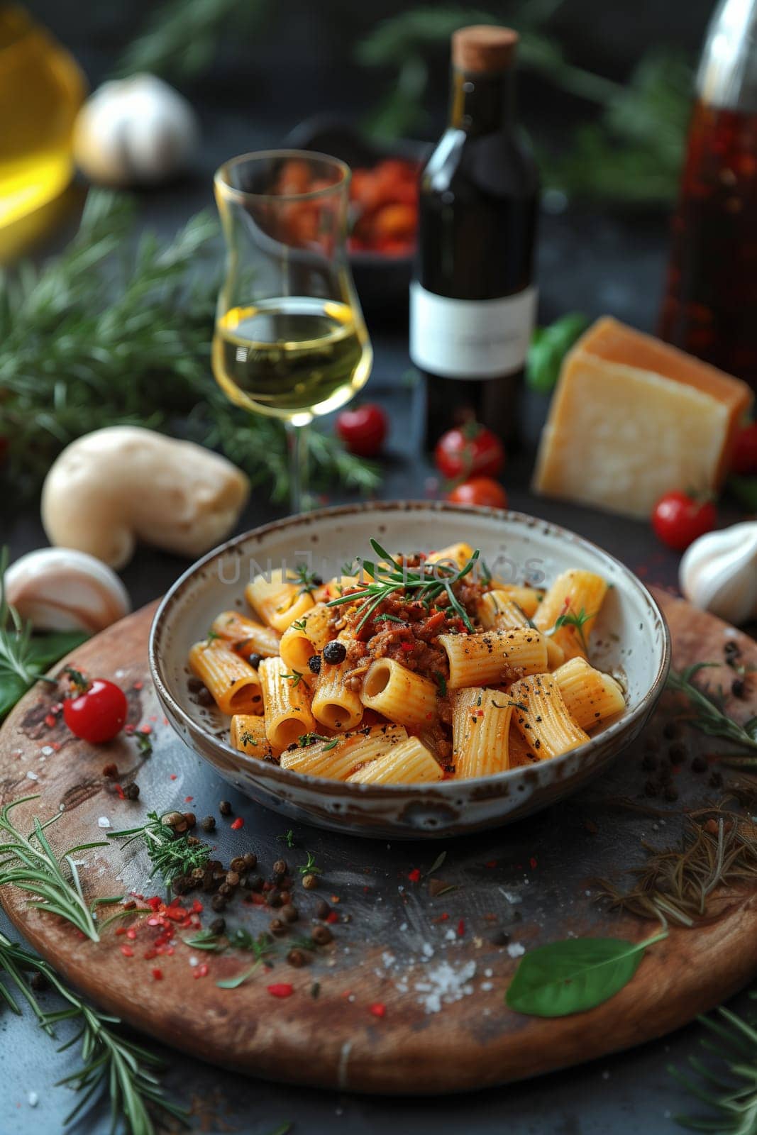 A cozy table scene featuring rigatoni pasta with Bolognese sauce, wine, fresh herbs, and parmesan, styled beautifully on a dark wooden surface.