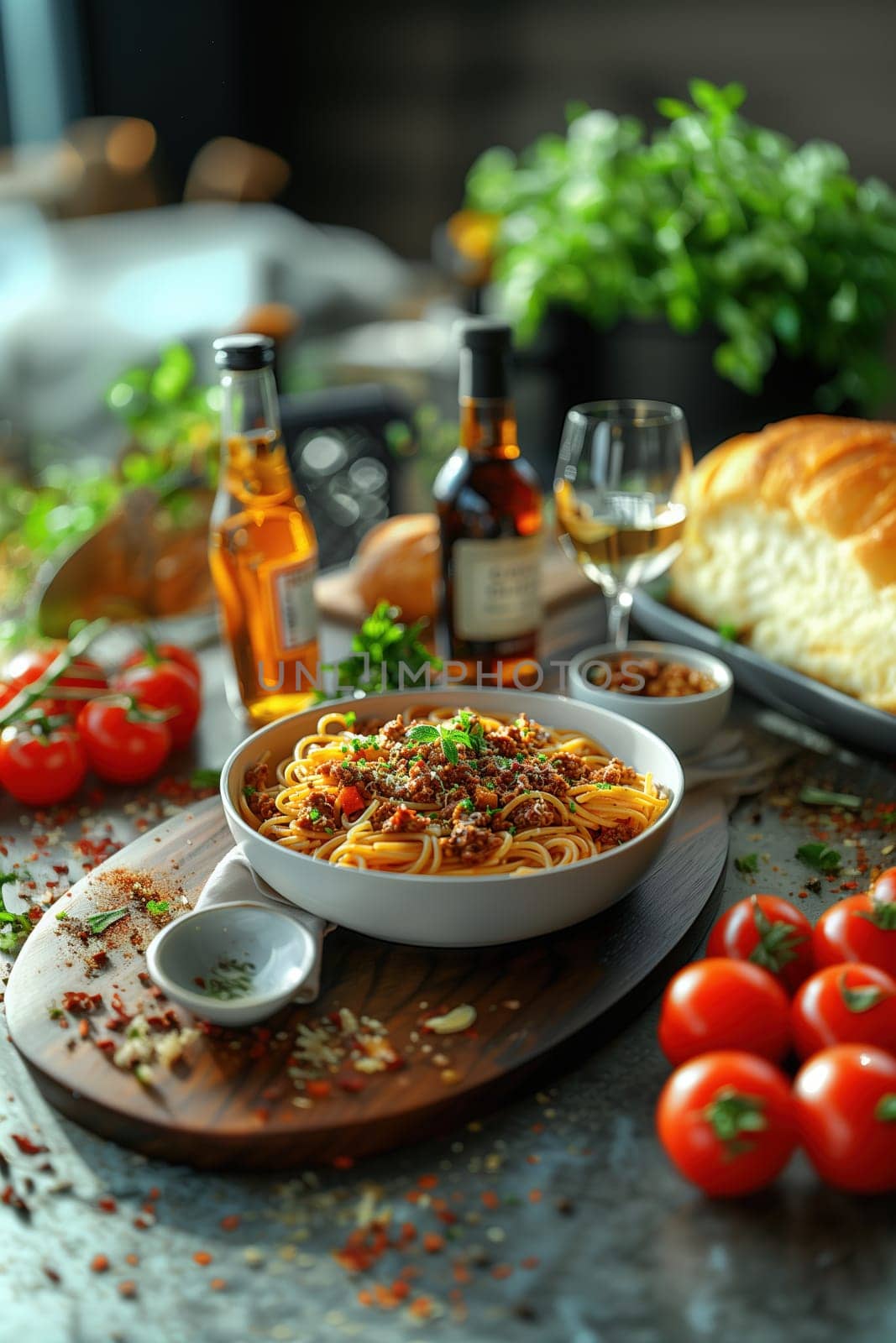 A bowl of spaghetti with rich Bolognese sauce, presented on a rustic wooden board with tomatoes, basil, and herbs around the table.