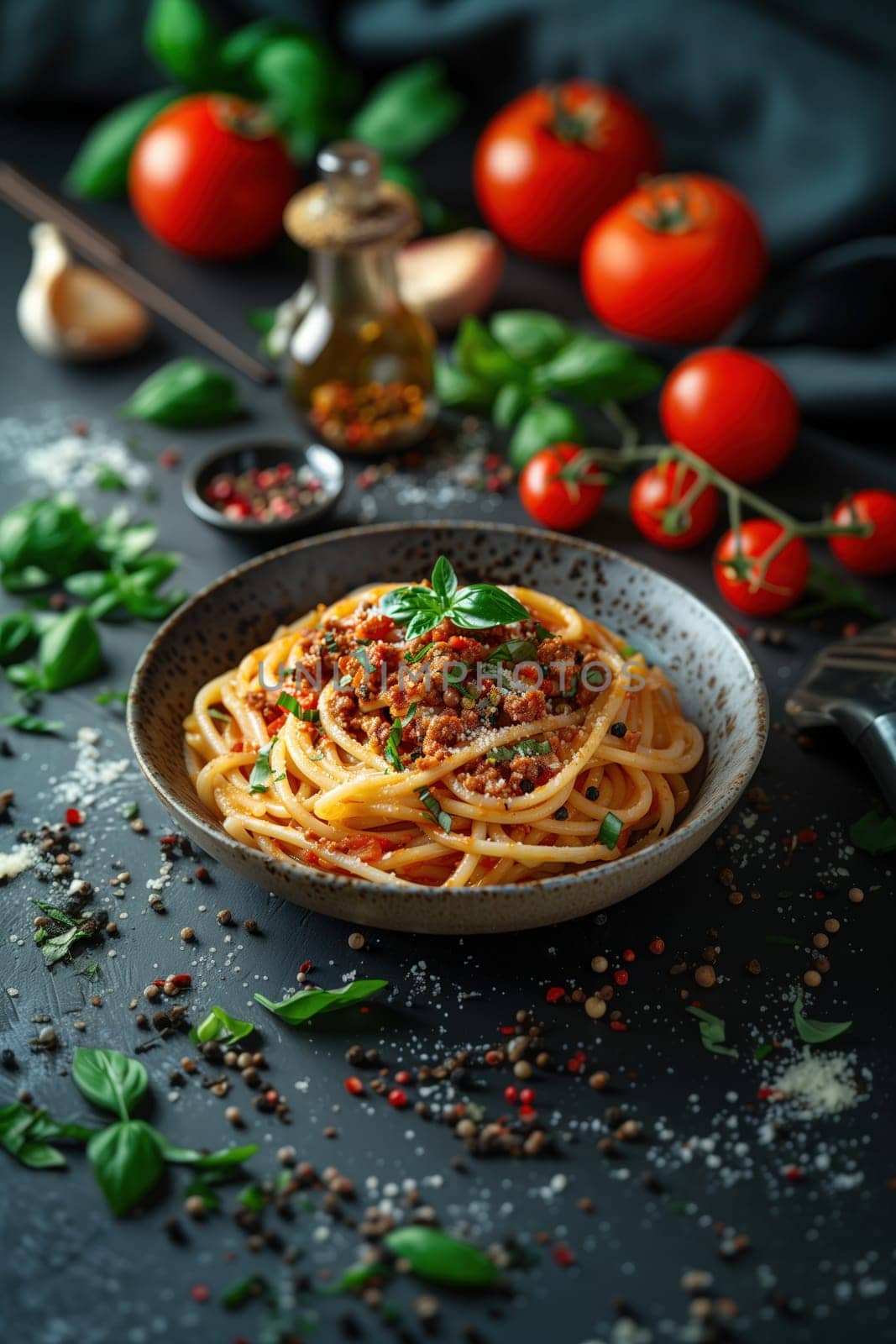 A close-up of spaghetti pasta topped with Bolognese sauce and fresh basil, surrounded by cooking spices, garlic, and fresh tomatoes.
