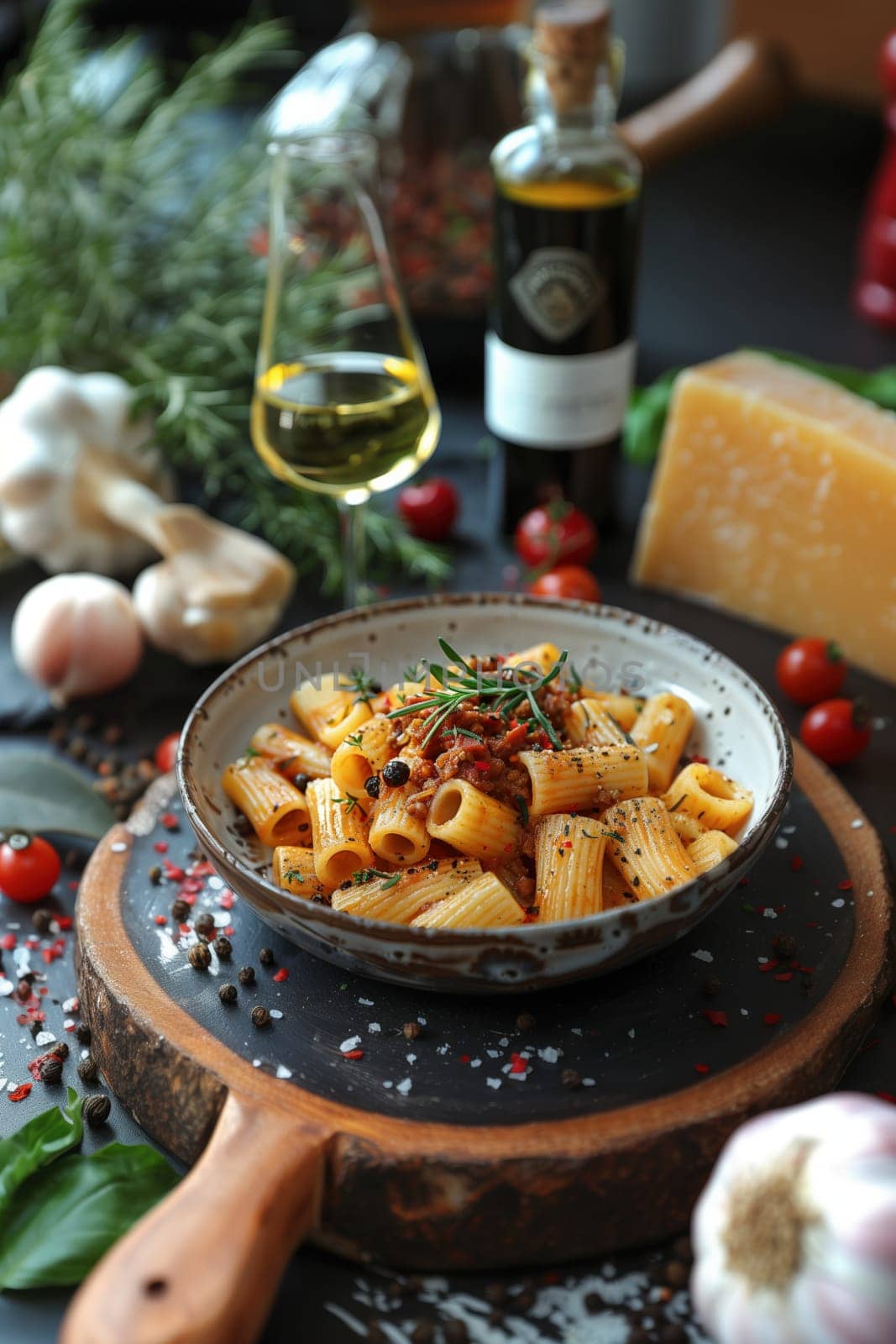 A cozy table scene featuring rigatoni pasta with Bolognese sauce, wine, fresh herbs, and parmesan, styled beautifully on a dark wooden surface.