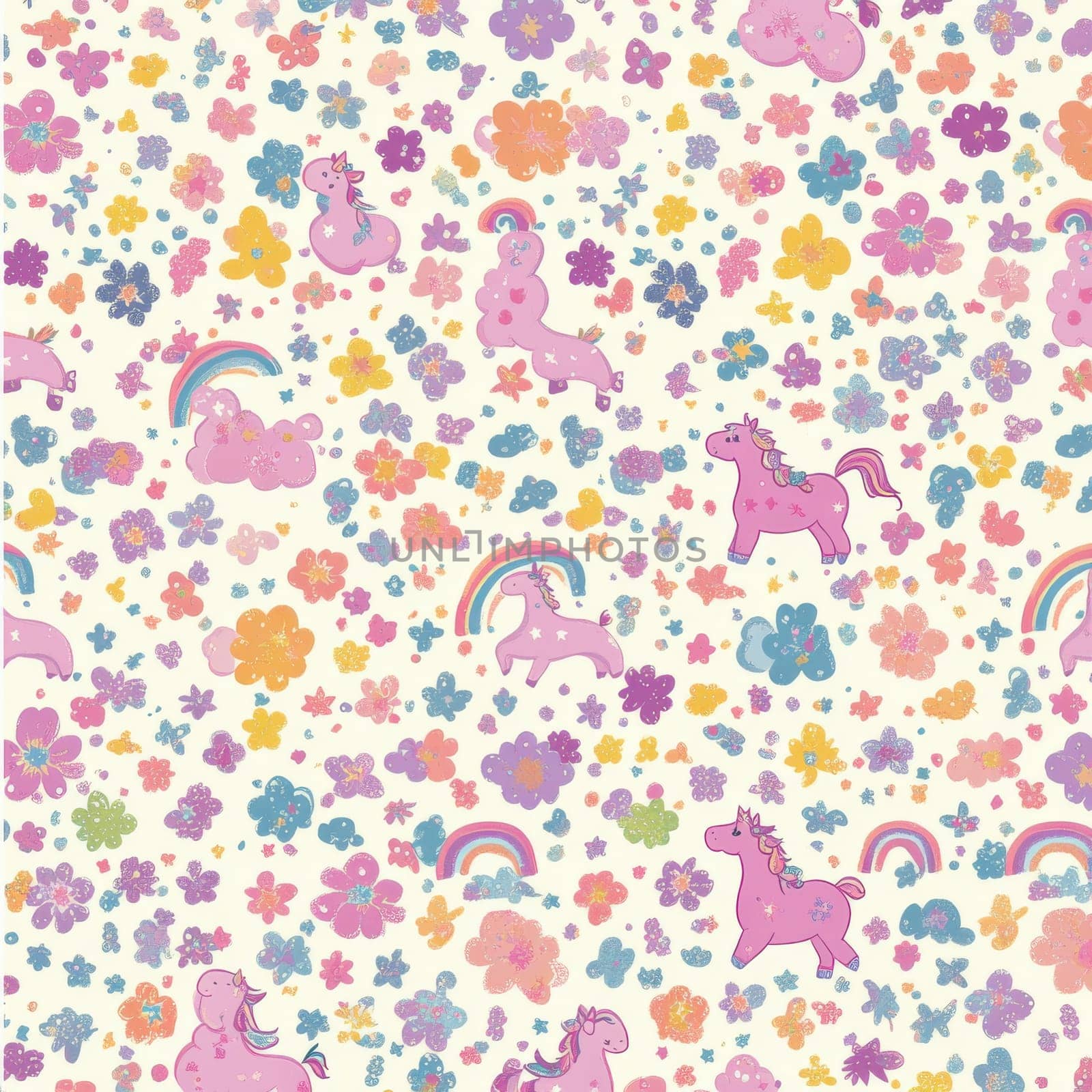 A vibrant pattern featuring unicorns and flowers creates a whimsical fantasy world perfect for any cheerful project.