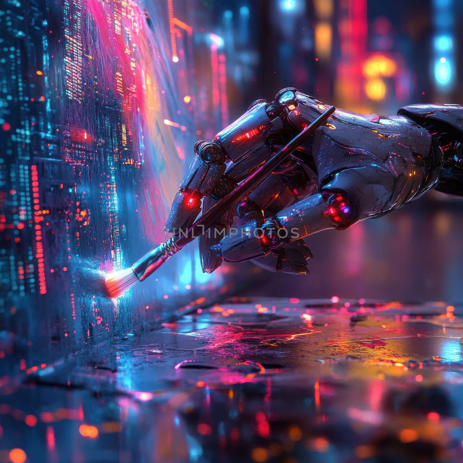 A robot artist creates vibrant digital art in a futuristic urban setting showcasing technology and creativity in harmony.