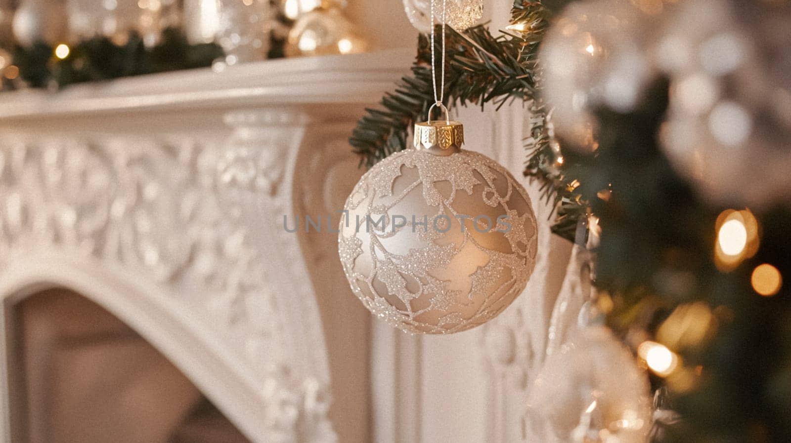 Christmas, holiday decor and country cottage style, cosy atmosphere, decorated Christmas tree in the English countryside house living room with fireplace, interior decoration idea