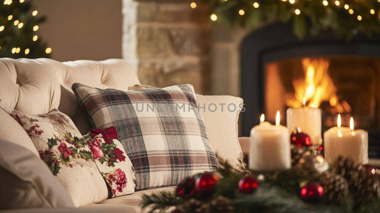 Christmas, holiday decor and country cottage style, cosy atmosphere, decorated Christmas tree in the English countryside house living room with fireplace, interior decoration idea
