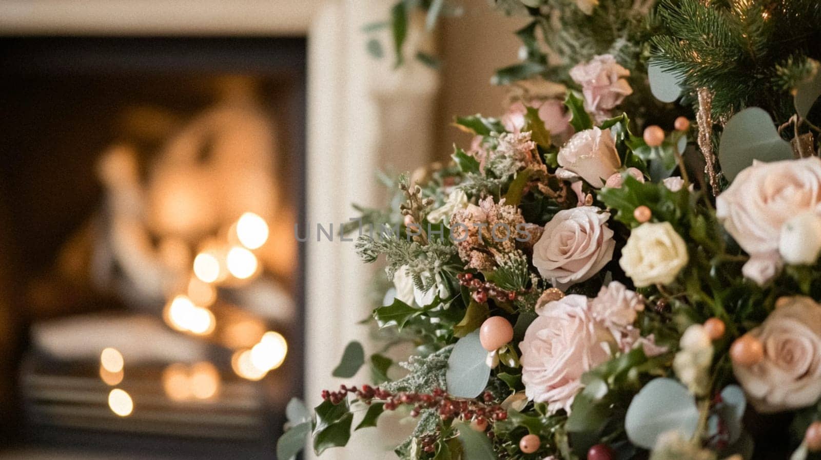 Christmas, holiday decor and country cottage style, cosy atmosphere, decorated Christmas tree in the English countryside house living room with fireplace, interior decoration idea