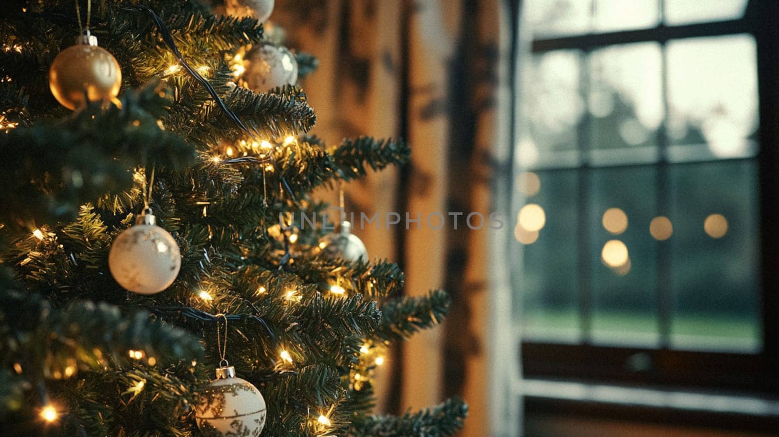 Christmas, holiday decor and country cottage style, cosy atmosphere, decorated Christmas tree in the English countryside house living room with fireplace, interior decoration idea