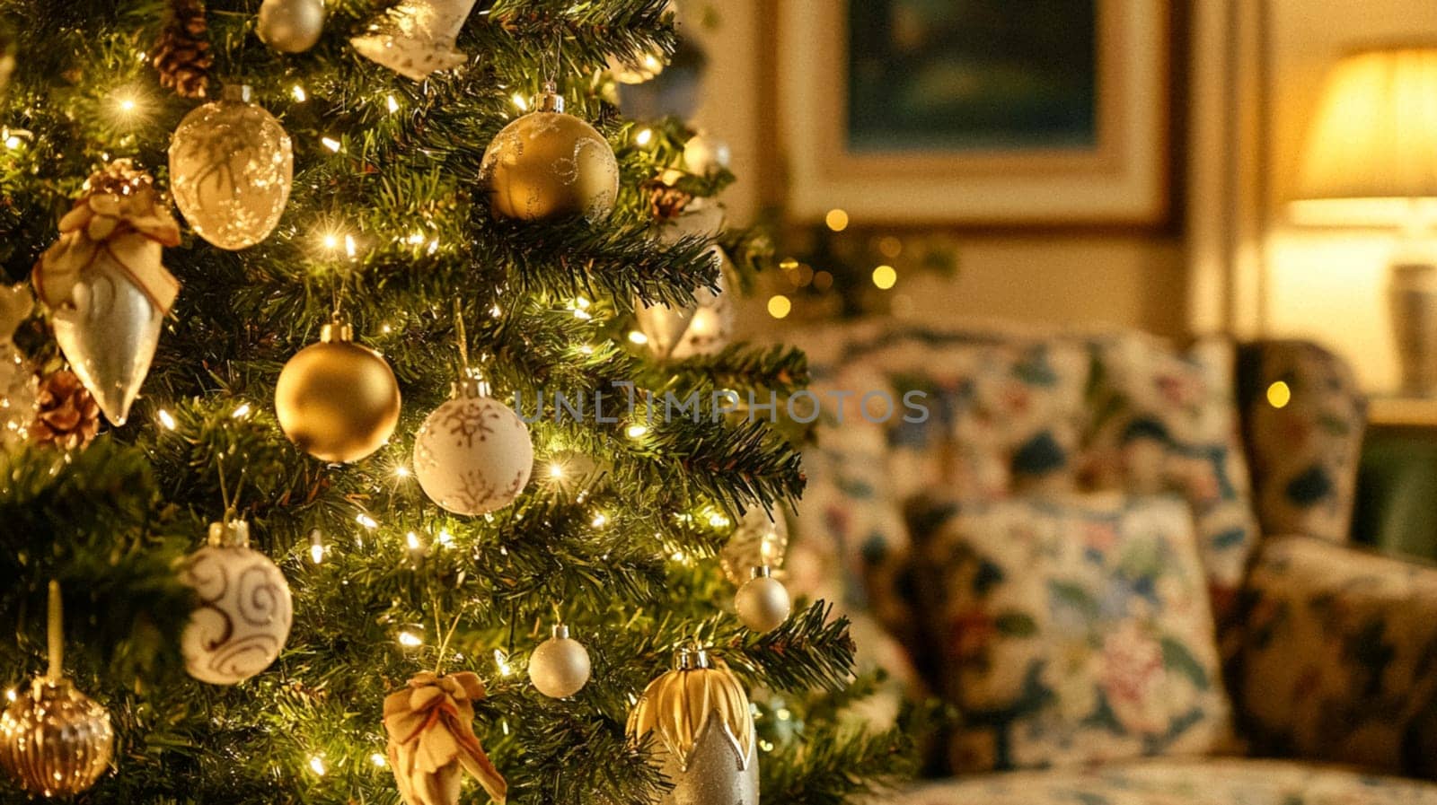 Christmas, holiday decor and country cottage style, cosy atmosphere, decorated Christmas tree in the English countryside house living room with fireplace, interior decoration idea
