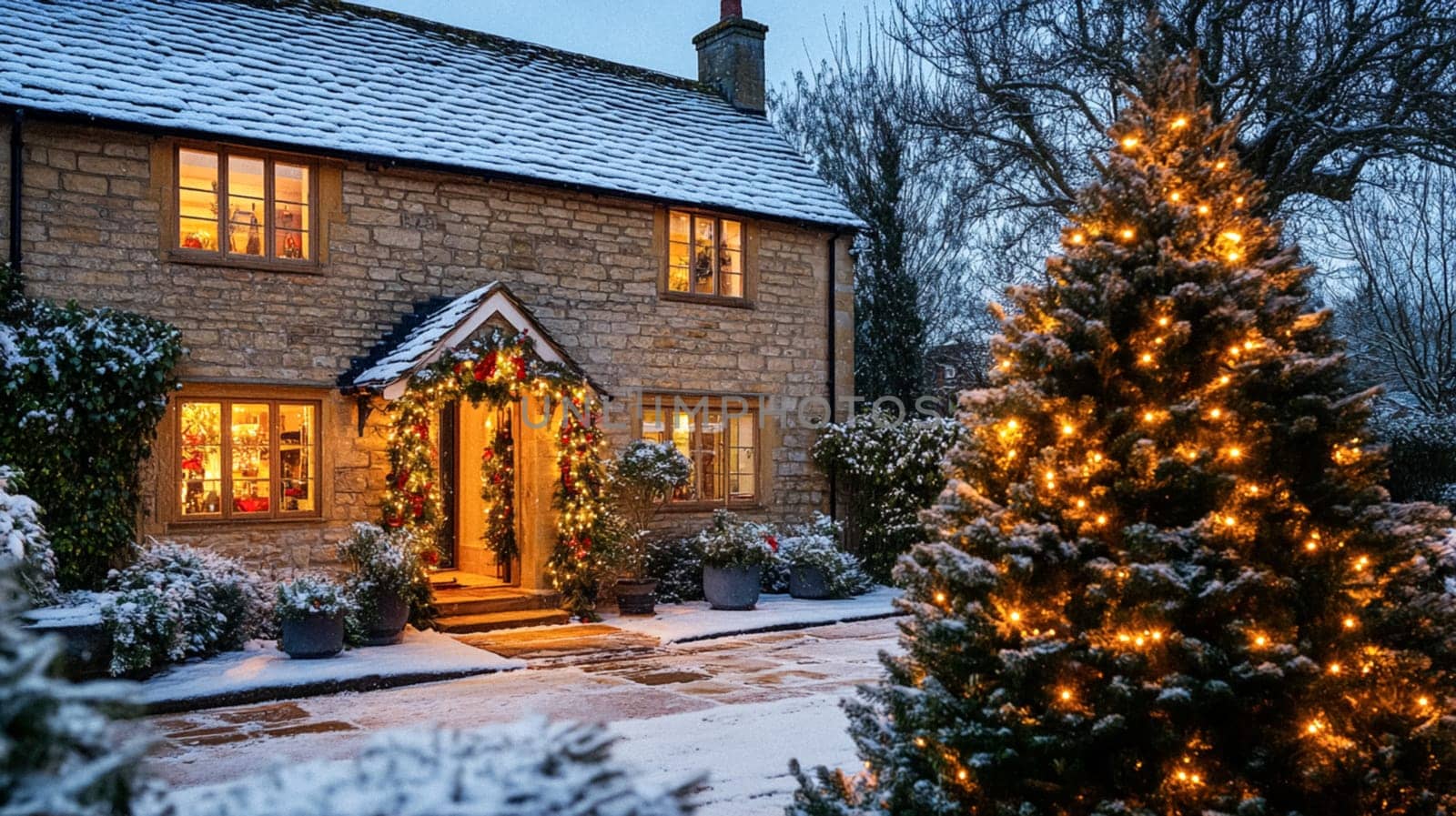 Christmas in the countryside, cottage decorated for holidays on a snowy winter evening with snow and holiday lights, English country styling inspiration