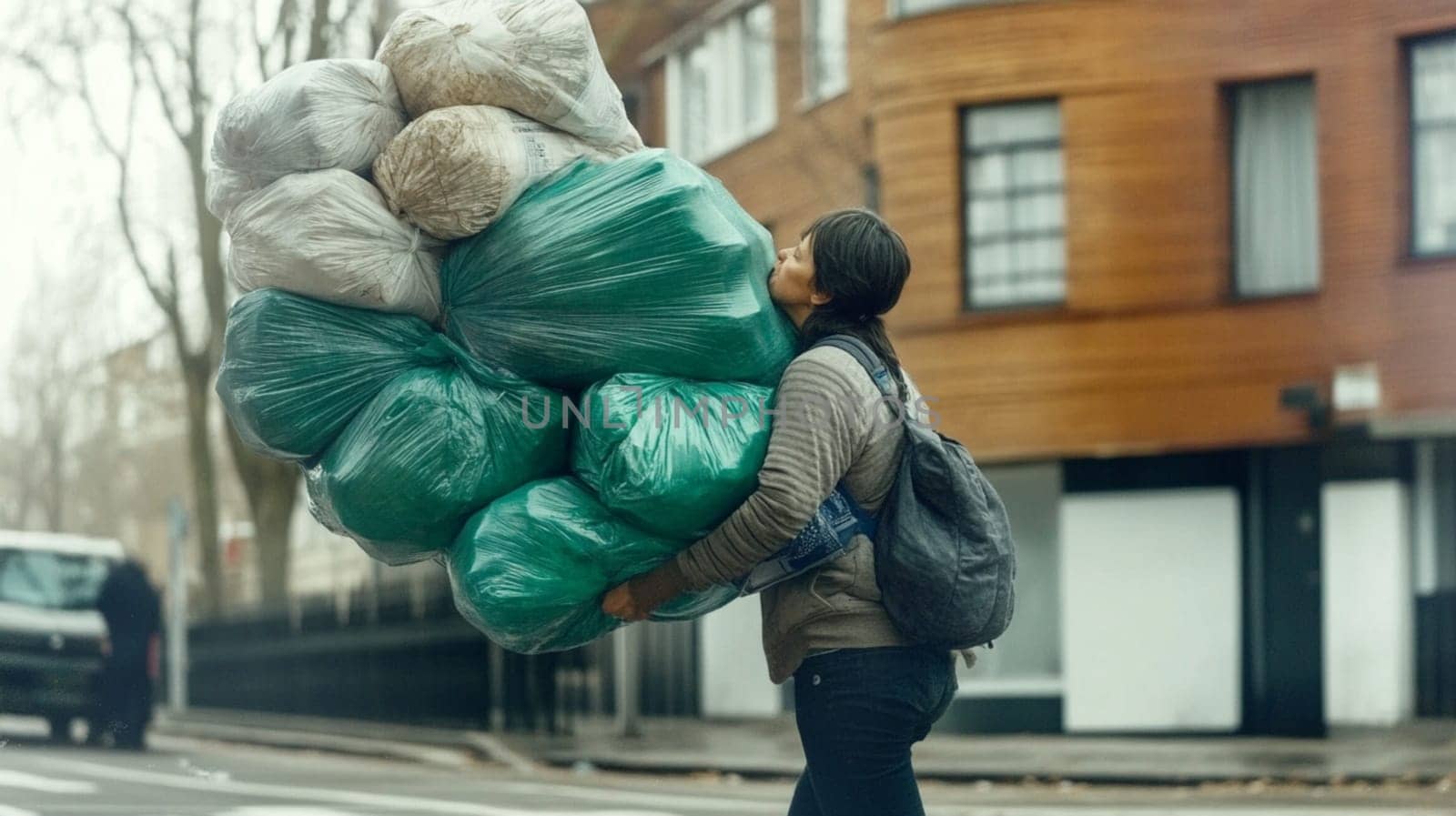 Determined woman struggles with heavy garbage bags on a city street, highlighting the challenge of waste disposal and need for sustainable solutions