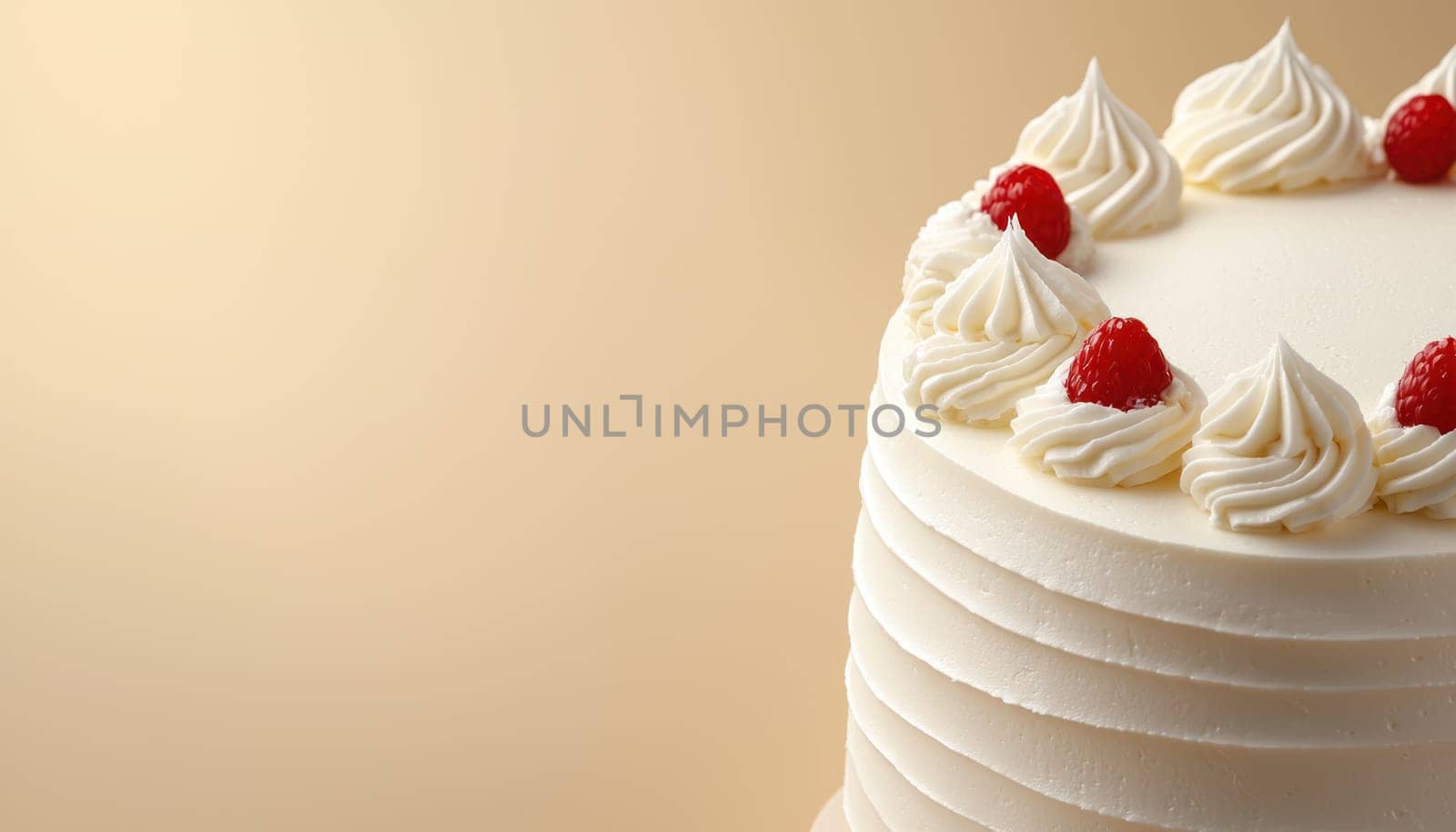 A minimalist birthday cake with simple decorations, featuring cream frosting and fresh raspberries, evokes sense of celebration and joy