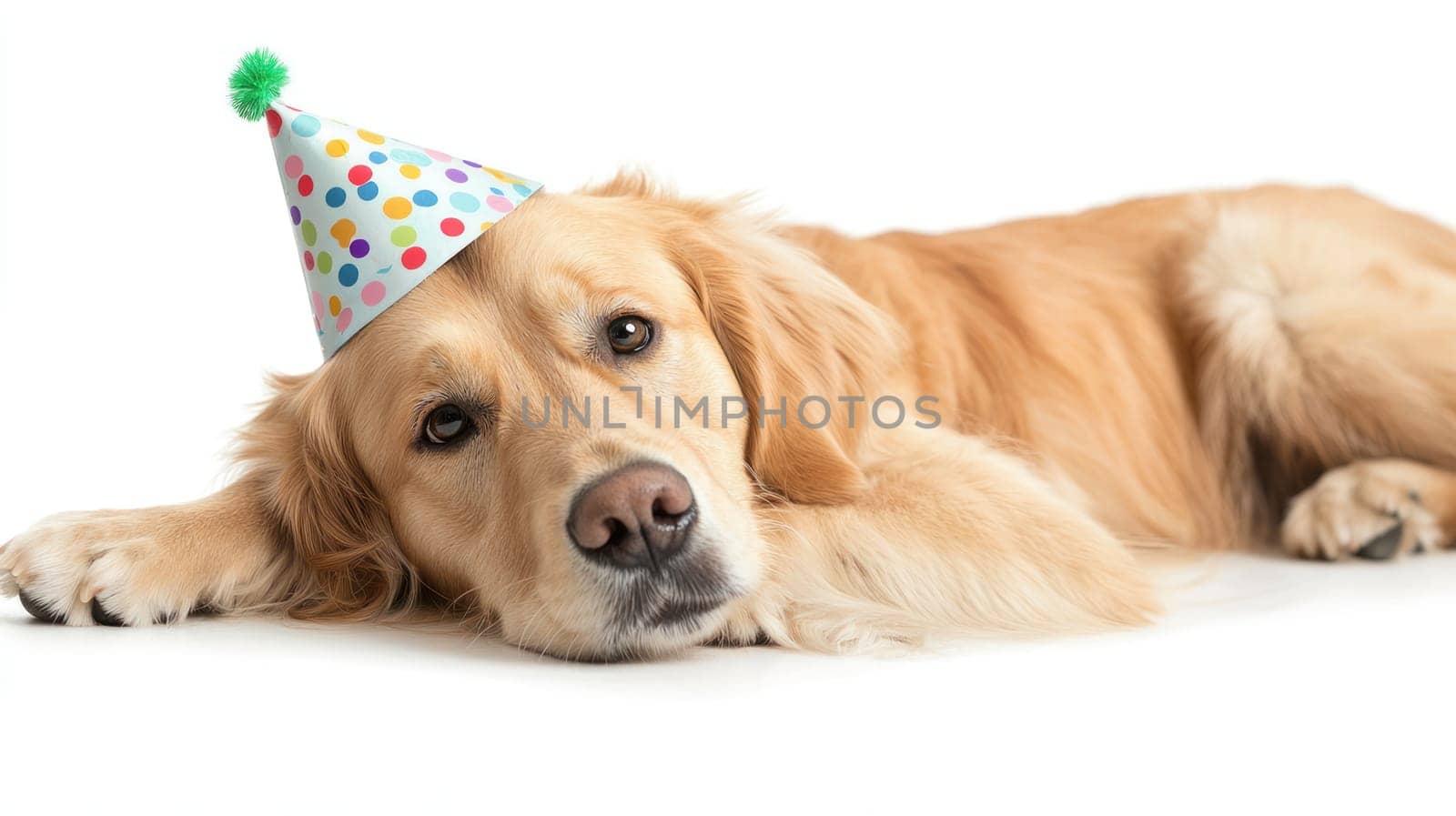 A golden retriever wearing colorful birthday hat looks adorable and relaxed. This playful scene captures joy of celebrating special day