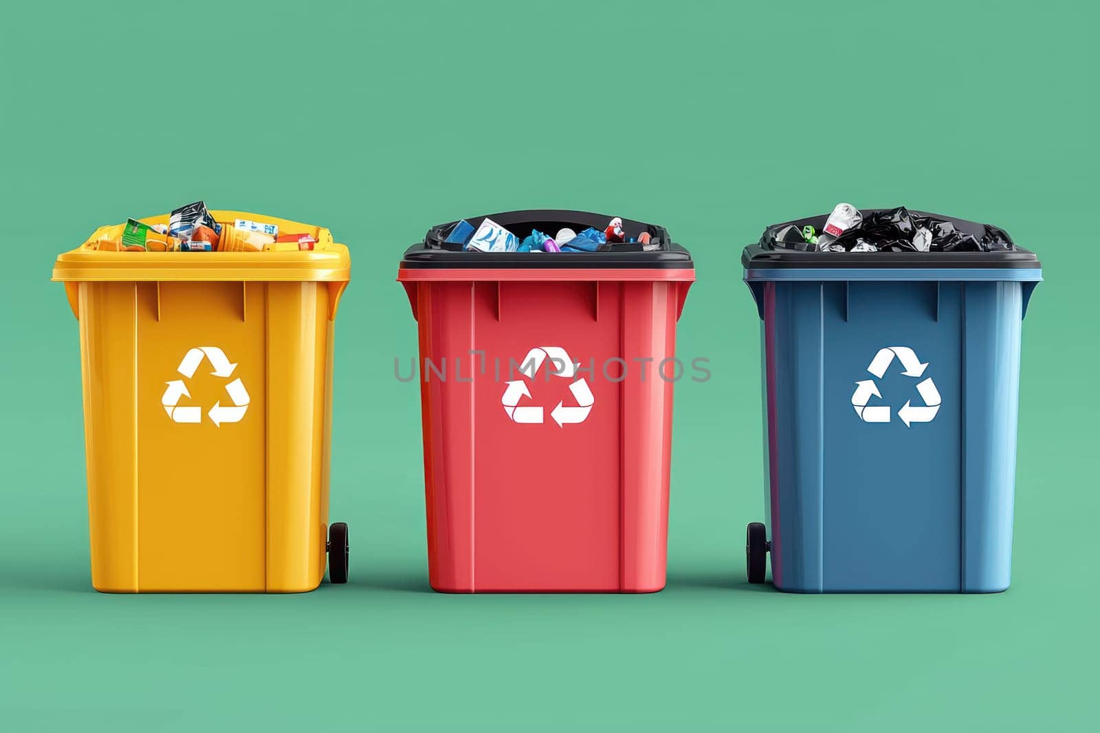 A Colorful trash containers filled with recyclable waste on green background