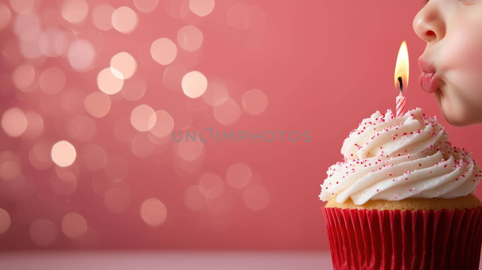 A child blowing out candles on frosted cupcake, celebrating joyful moment