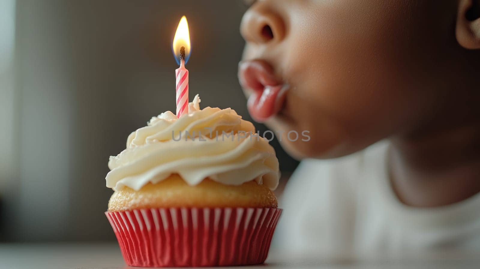 A child blowing out candle on frosted cupcake, celebrating special moment