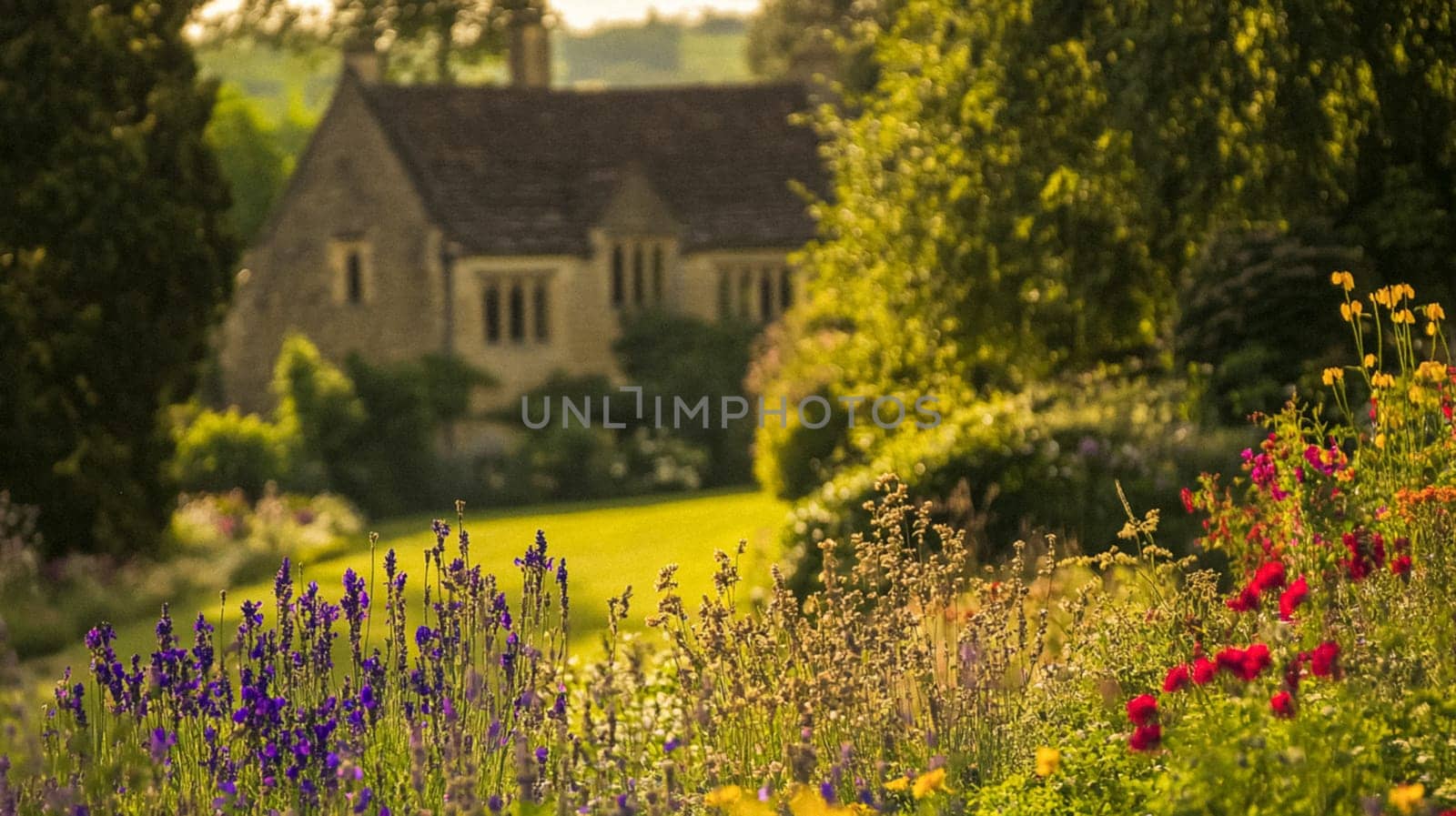 Cotswolds cottage and garden in the English countryside style, modern architecture and design idea