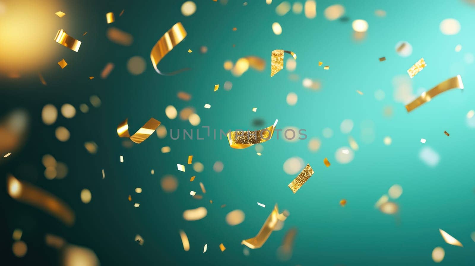 A Floating golden confetti pieces create festive atmosphere against vibrant background, evoking joy and celebration