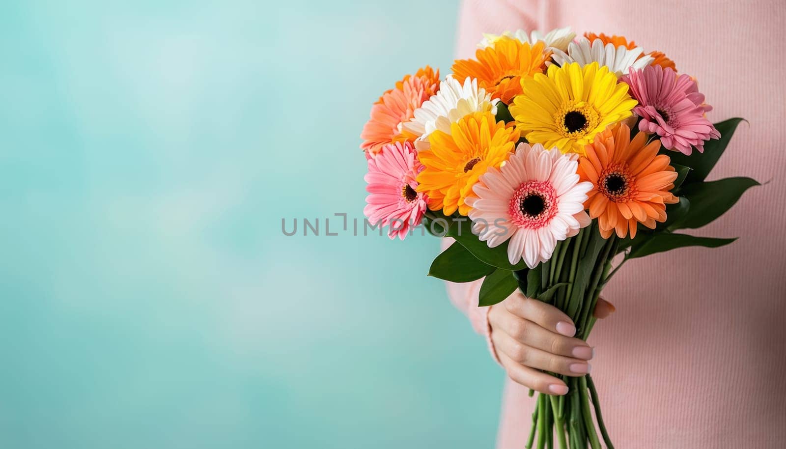 A person holding bouquet of colorful birthday flowers, showcasing vibrant gerbera daisies in various shades