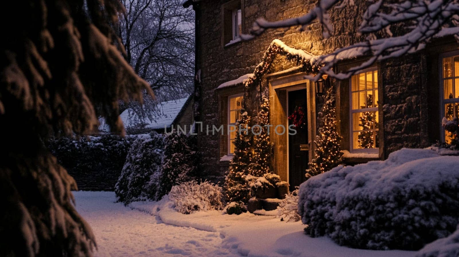 Christmas in the countryside, cottage decorated for holidays on a snowy winter evening with snow and holiday lights, English country styling inspiration