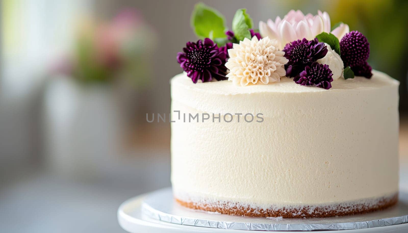 A minimalist birthday cake adorned with simple floral decorations, showcasing elegance and charm. Perfect for celebrations
