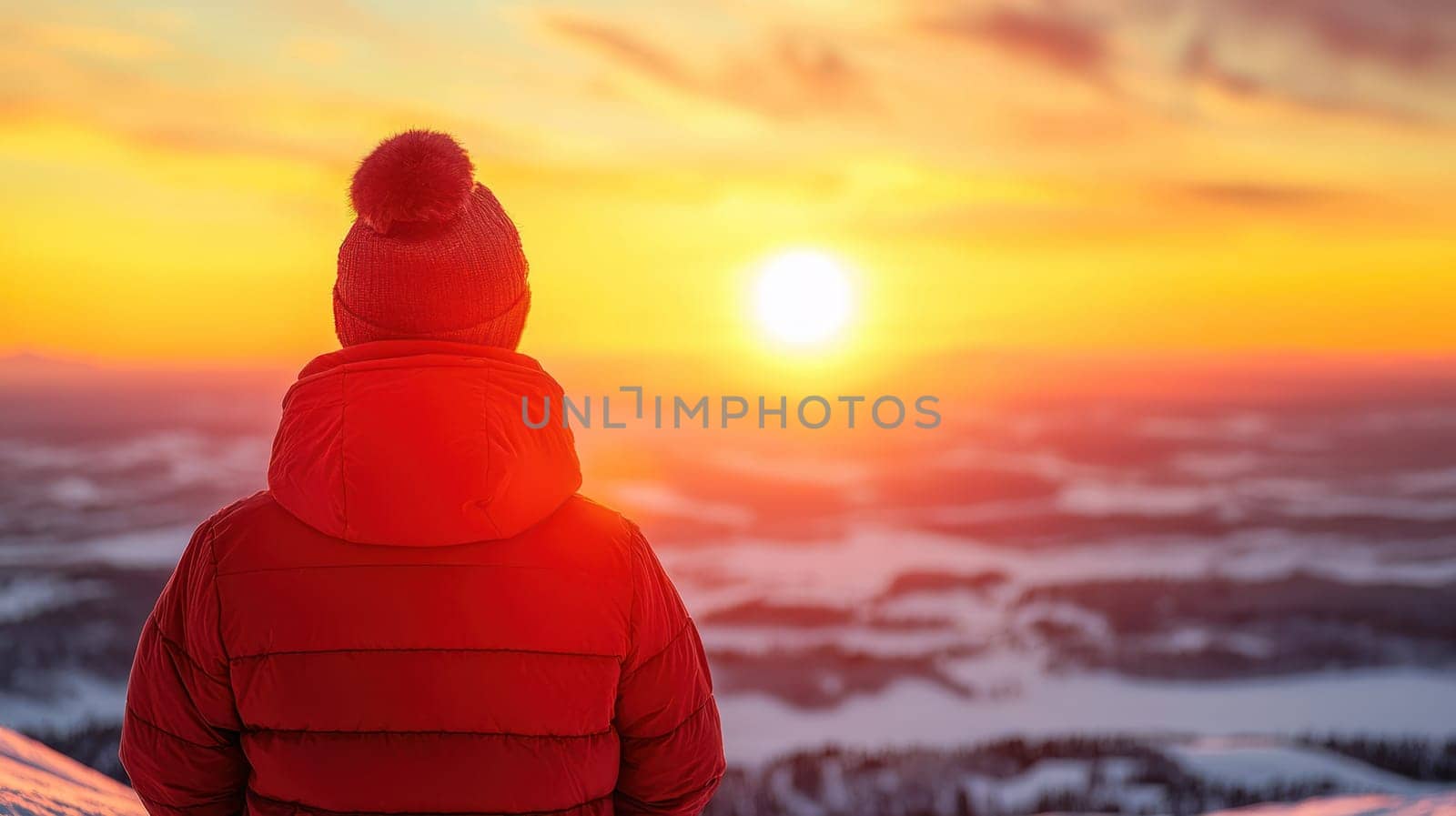 A person in red jacket gazes at stunning sunset over snowy mountains, feeling hopeful and optimistic