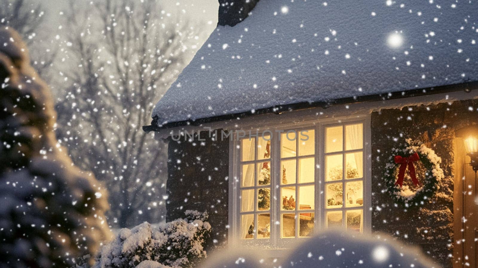 Christmas in the countryside, cottage decorated for holidays on a snowy winter evening with snow and holiday lights, English country styling inspiration