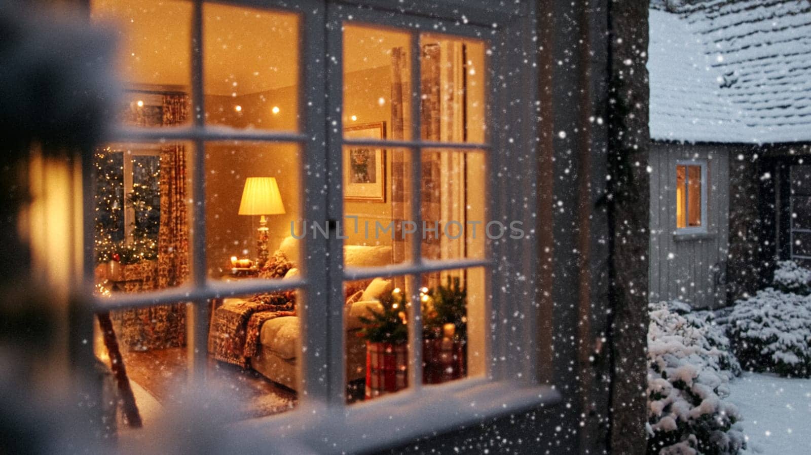 Christmas in the countryside, cottage decorated for holidays on a snowy winter evening with snow and holiday lights, English country styling inspiration