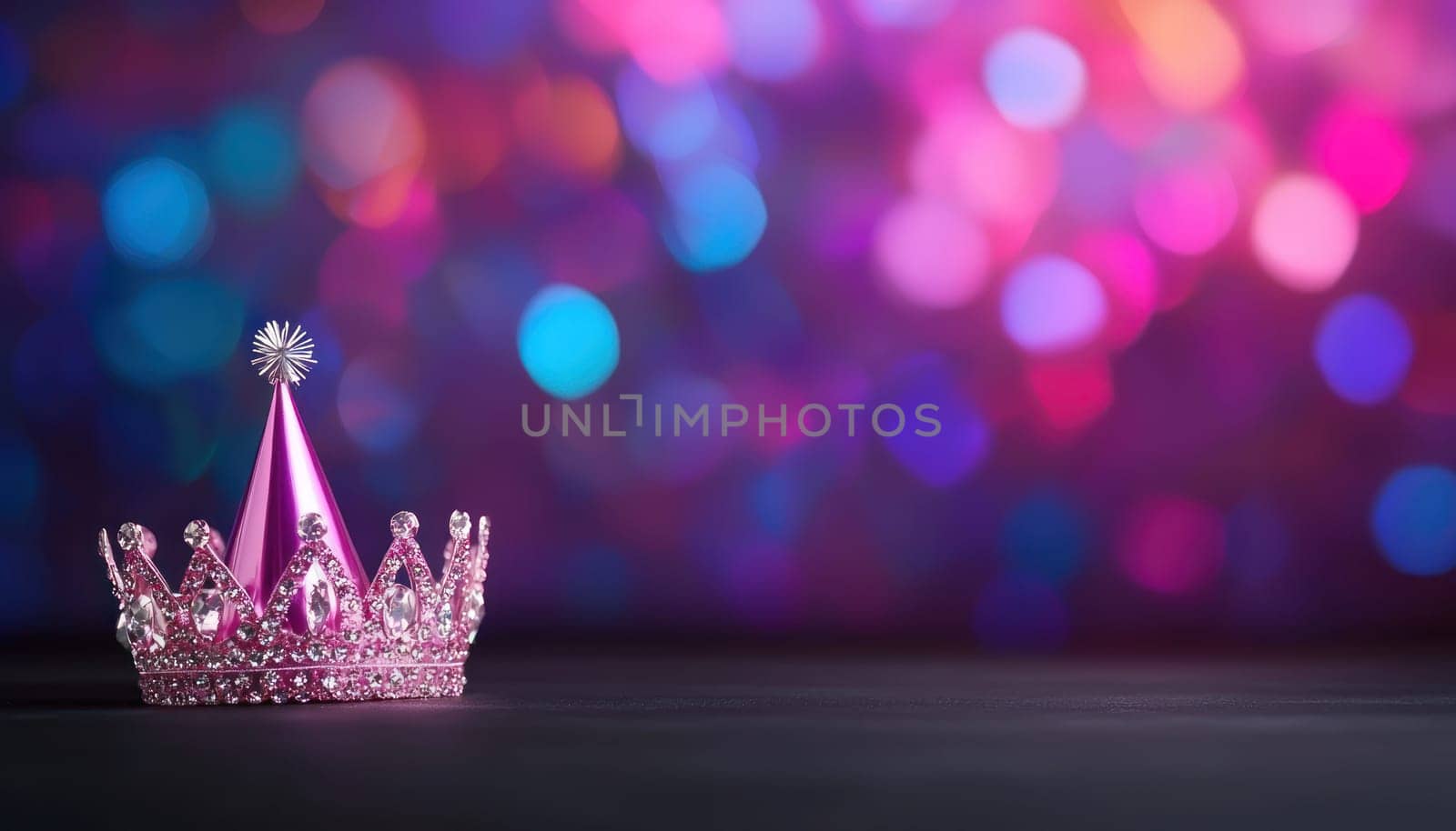 A sparkling birthday crown resting on table, surrounded by colorful bokeh lights, creates festive atmosphere
