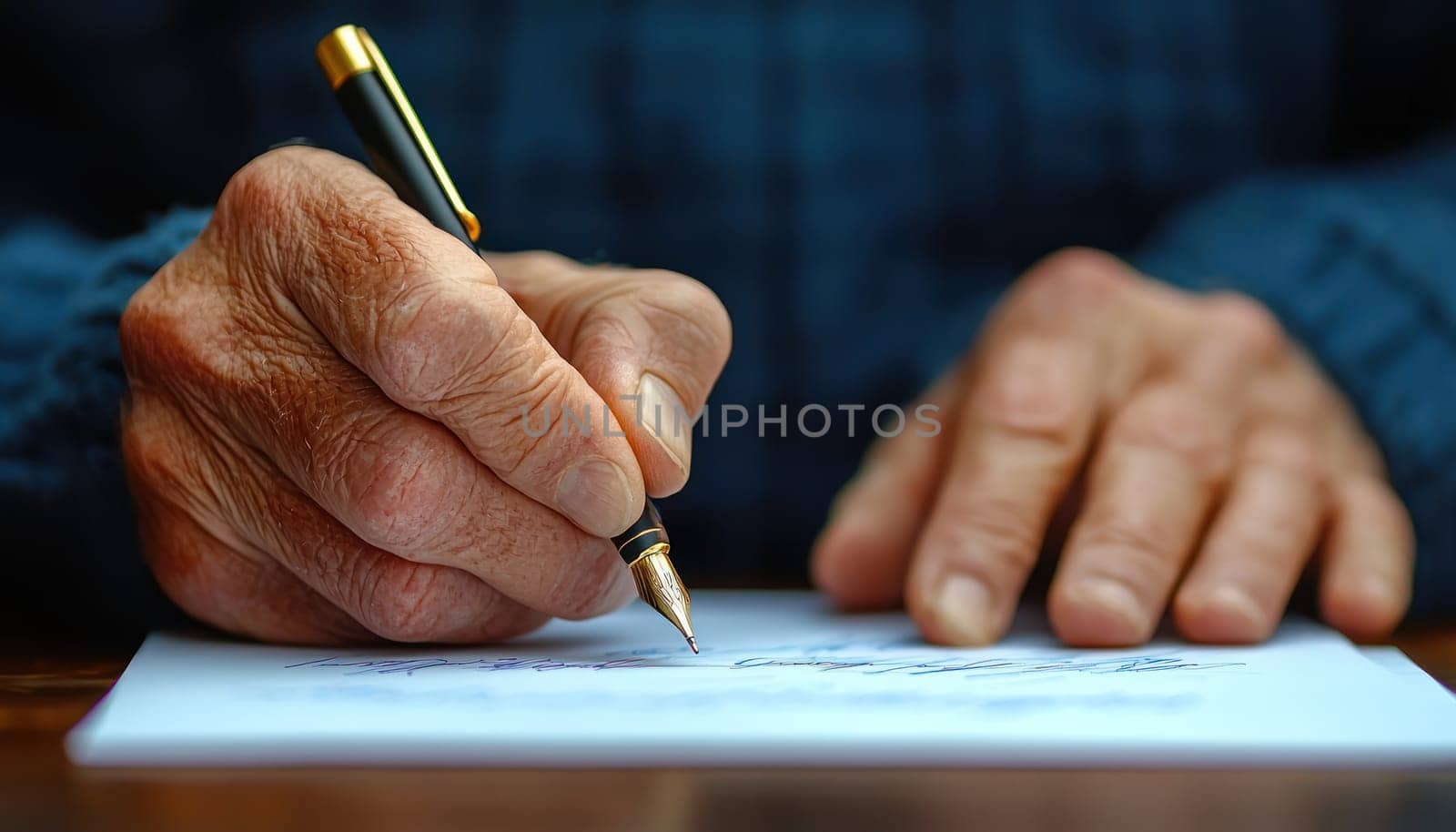 A Close up of hands writing on paper with fountain pen, capturing moment of focus and creativity