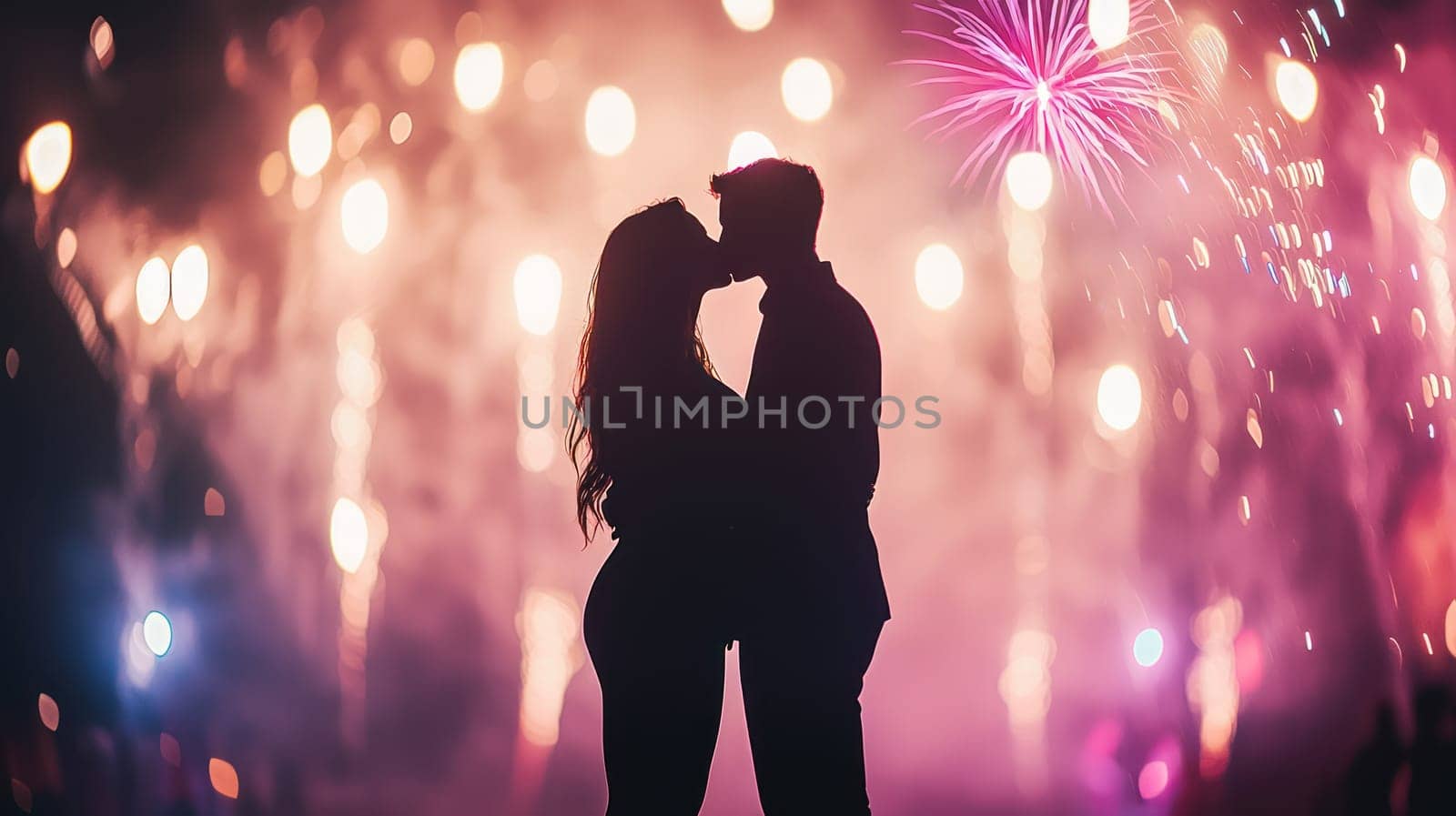 A couple kissing at midnight with vibrant fireworks in background, creating romantic atmosphere