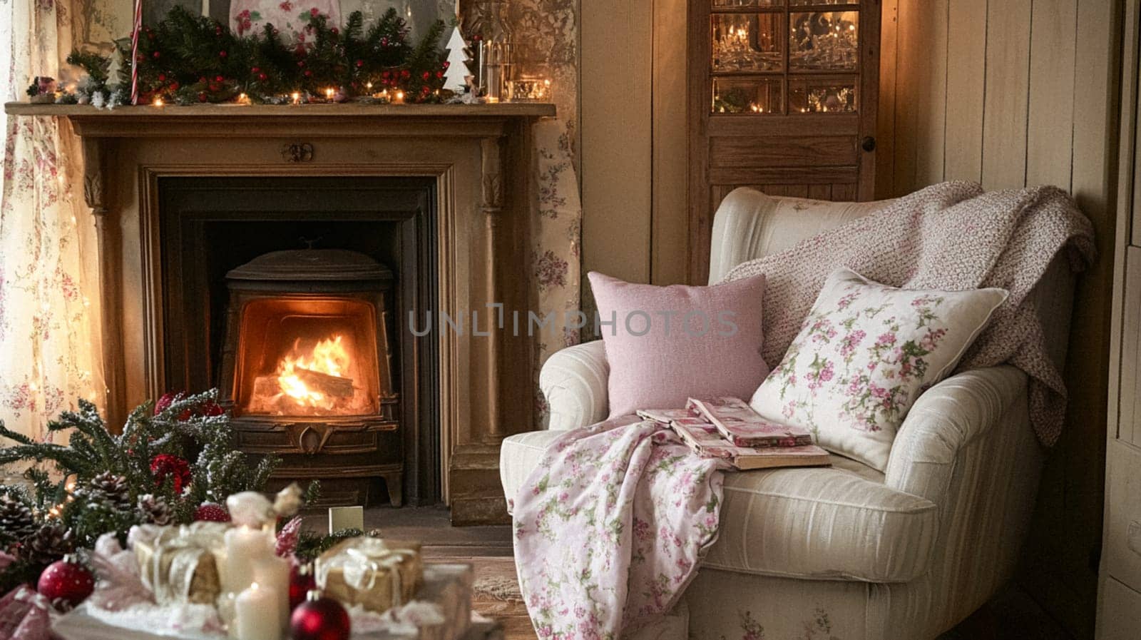 Christmas, holiday decor and country cottage style, cosy atmosphere, decorated Christmas tree in the English countryside house living room with fireplace, interior decoration idea