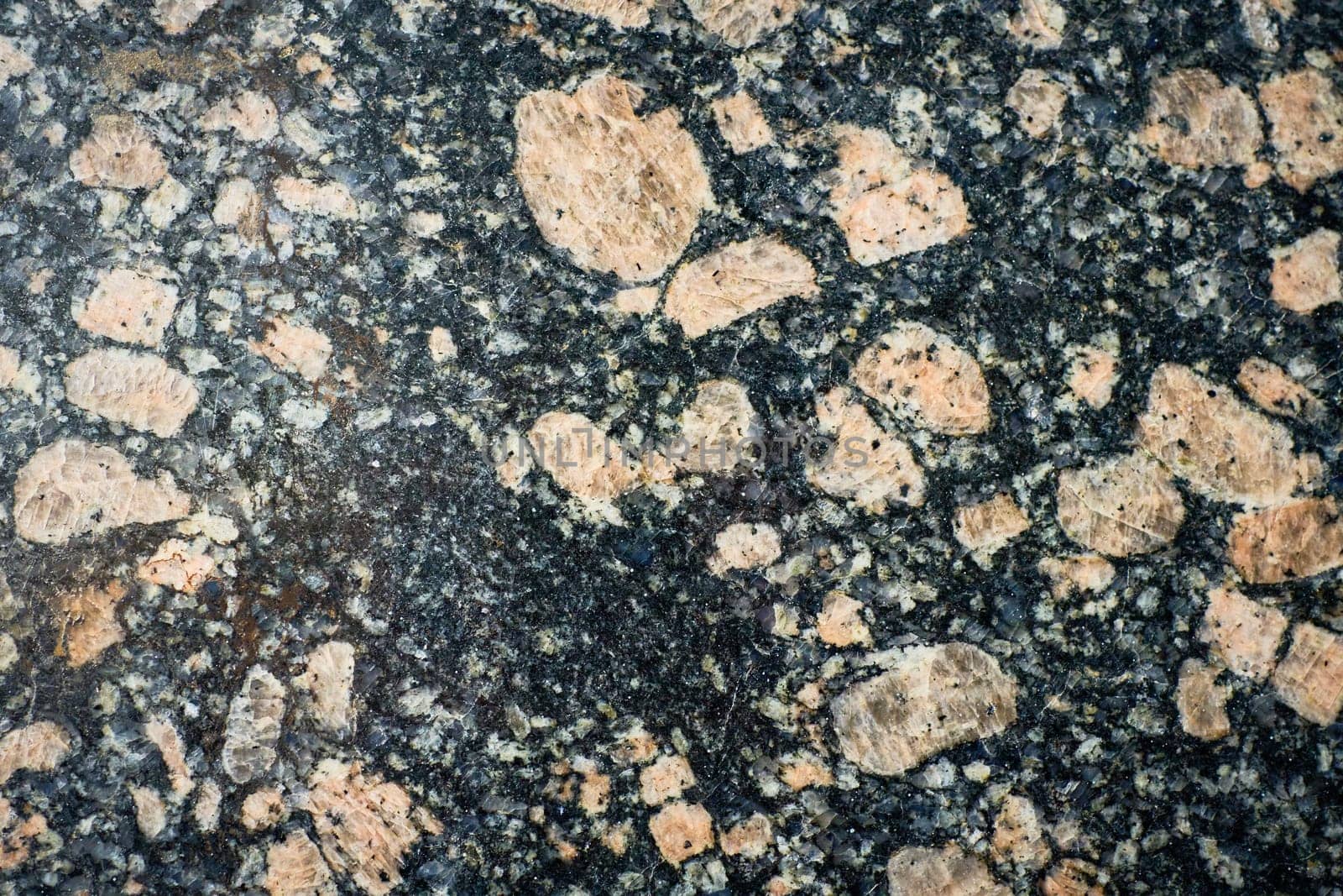 Macro shot of a polished granite surface, showcasing its varied mineral composition and intricate crystalline patterns