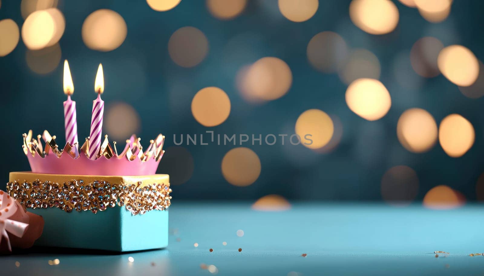 A sparkling birthday crown on table with candles and festive lights