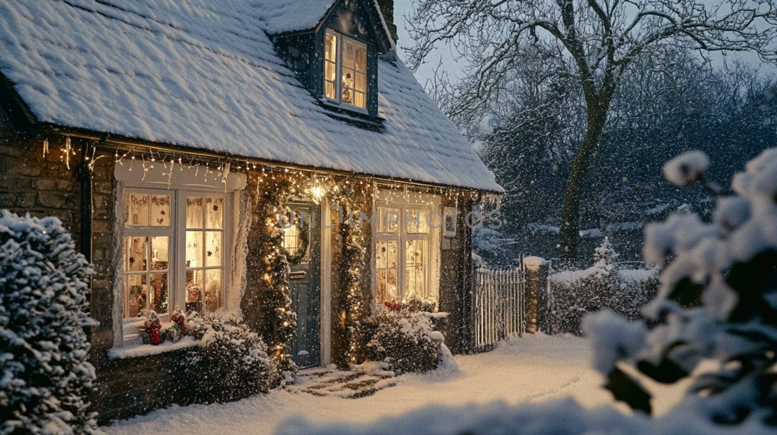 Christmas in the countryside, cottage decorated for holidays on a snowy winter evening with snow and holiday lights, English country styling inspiration