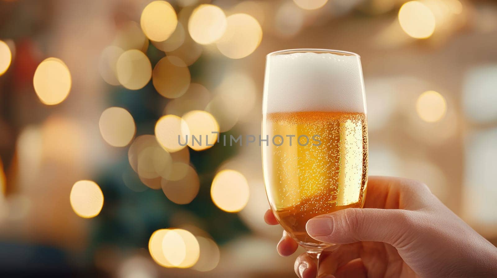 A person raising glass of sparkling cider, celebrating with joy and warmth. festive atmosphere is enhanced by soft bokeh lights in background