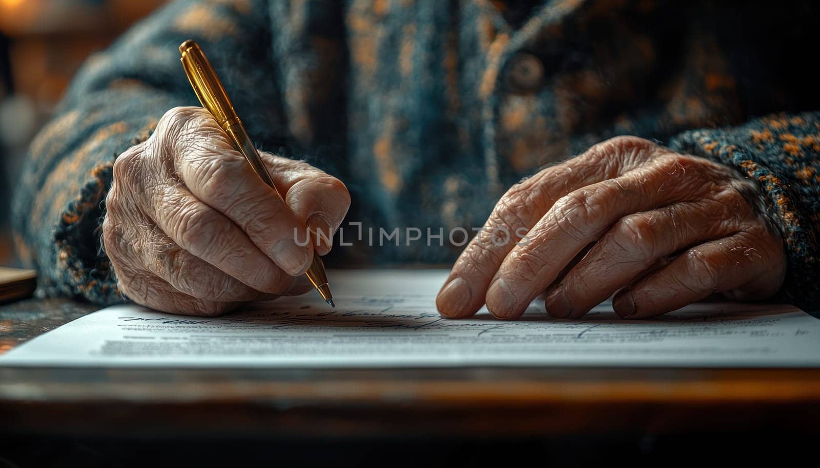 A Close up of hands signing document, showcasing aged skin and golden pen, reflecting moment of commitment and importance