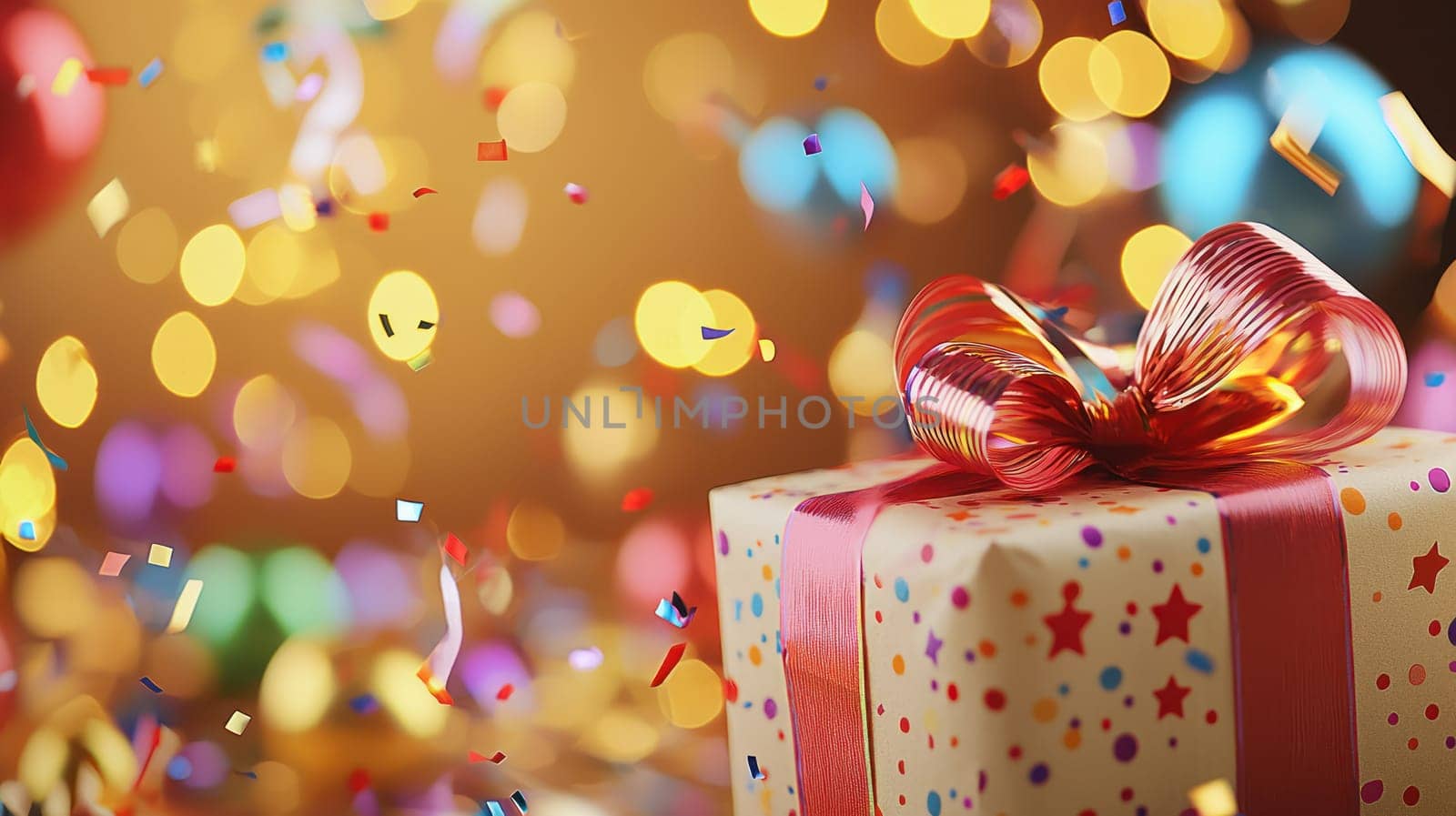 A festive close up of beautifully wrapped gift box with colorful confetti and bokeh lights, perfect for celebrations