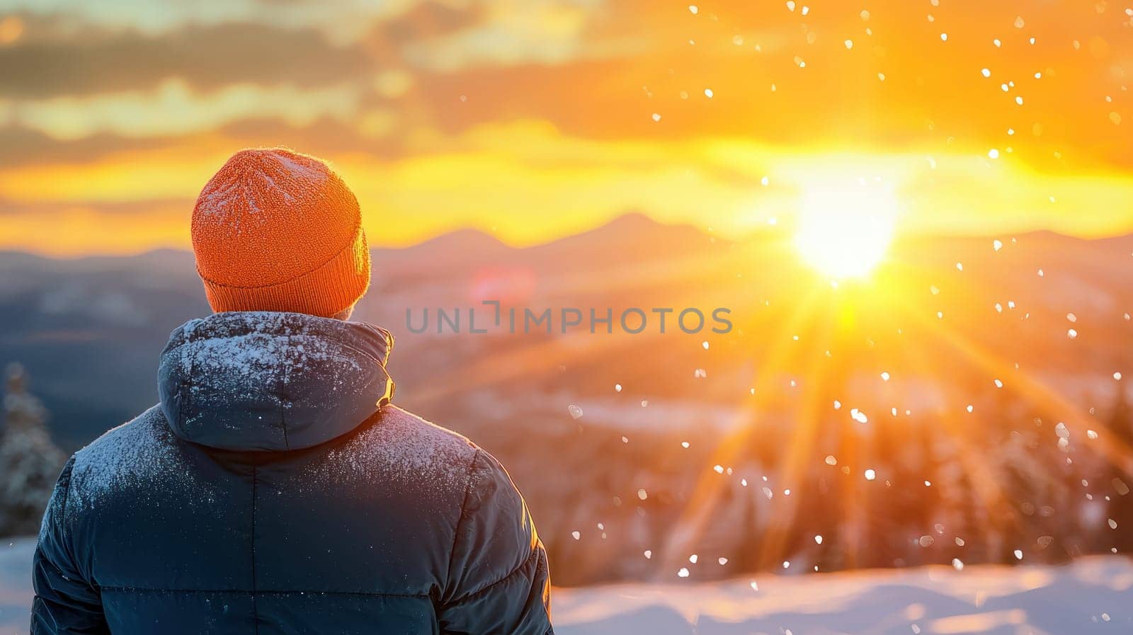 A person wearing orange beanie looks hopeful and optimistic towards beautiful sunset in snowy landscape