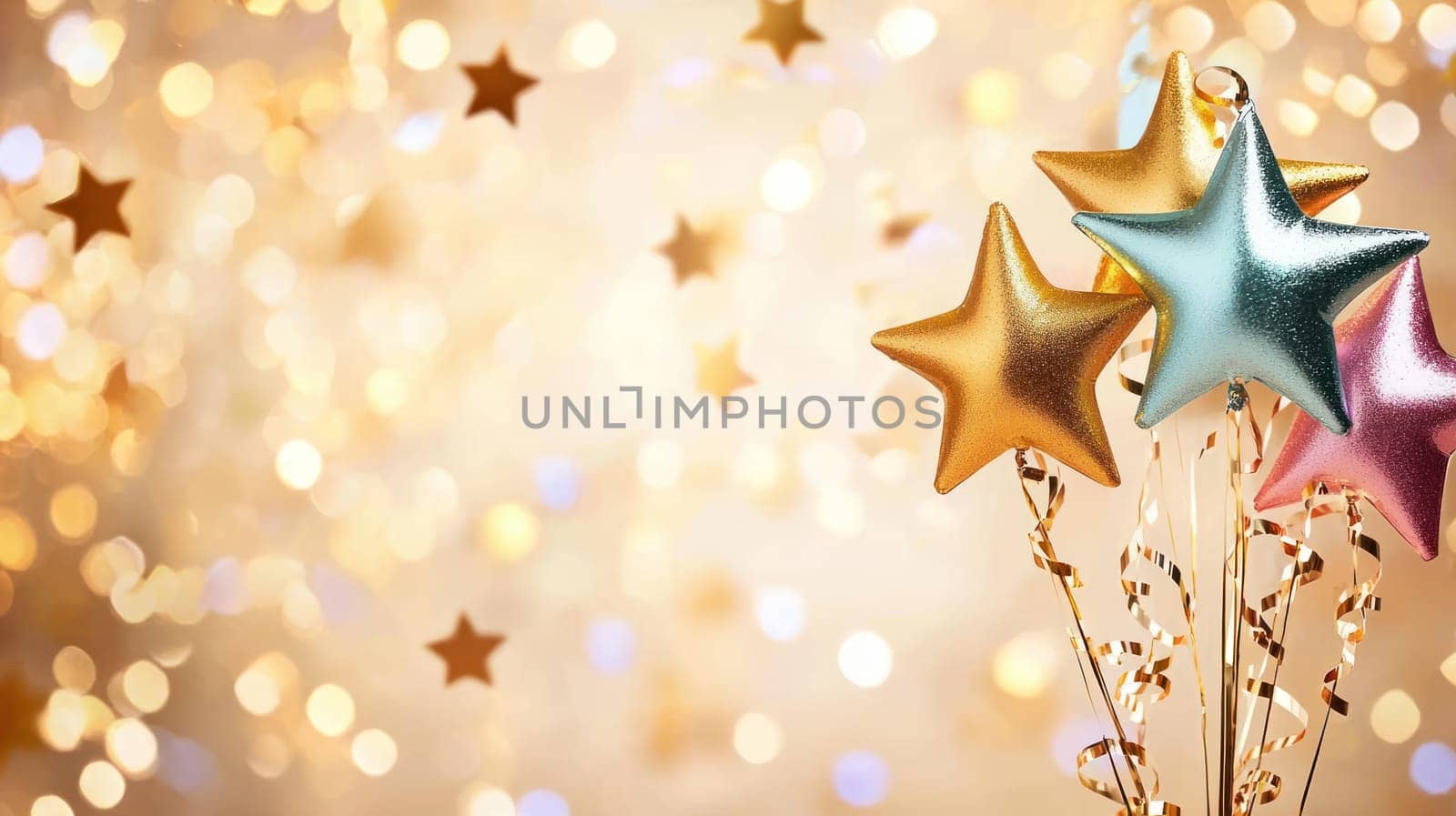A Bright and colorful star shaped balloons create festive atmosphere for celebrations. Perfect for New Year Eve or party decorations