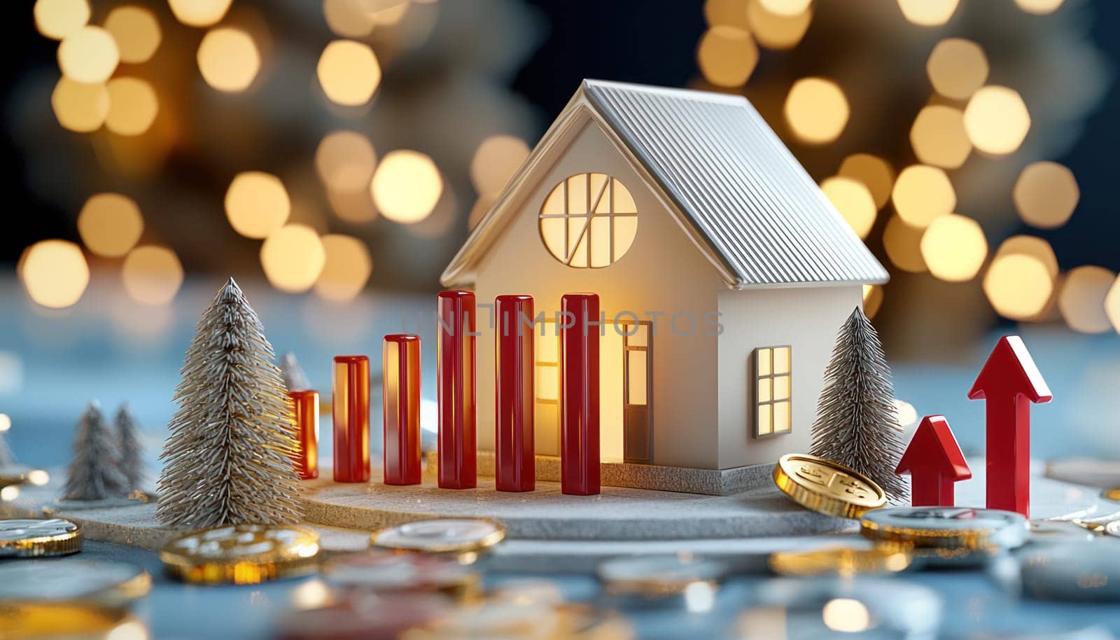 A miniature house model surrounded by coins and growth indicators symbolizes real estate investment and financial growth