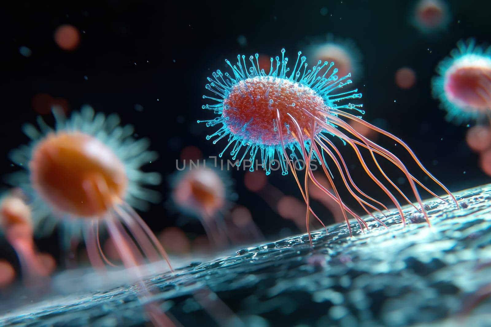An Immune cells illuminated in vibrant colors, showcasing their intricate structure and movement